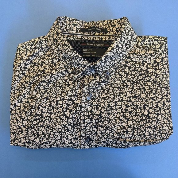 Chemise Homme Slim Fit Délavée Fleurie - Taille S, Manches Courtes, Stretch, Occasion Très Bon état